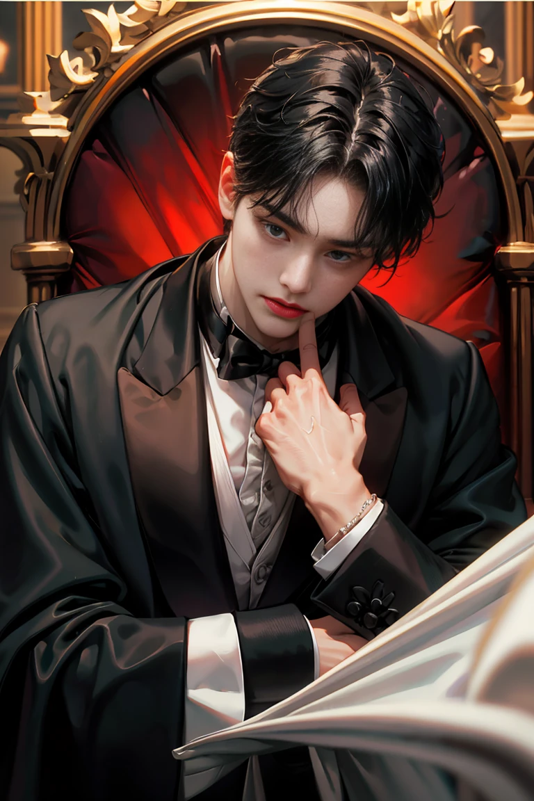 masterpiece, 最high quality, high quality, 1 boy, alone, male focus, looking at the viewer, whole body, Winning spirit_destiny, dirty black hair, blue adorable big eyes, white people, Noble, Noble, Noble的な吸血鬼、Classy tuxedo,A very large and long red and black cloak with a very large collar., 20-year-old,cute beautiful boy,cute cute crying face