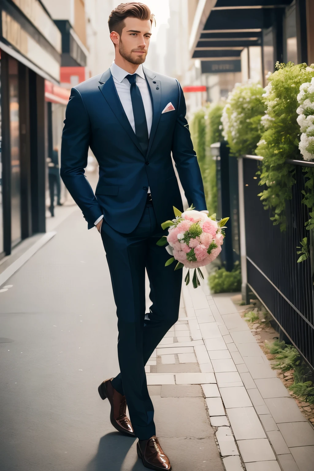 best quality, 32k, RAW photo, incredibly absurdres, extremely detailed, a meeting spot in the city where a handsome man waits alone for his lover to arrive, holding a large bouquet of flowers and looking sharp in a suit