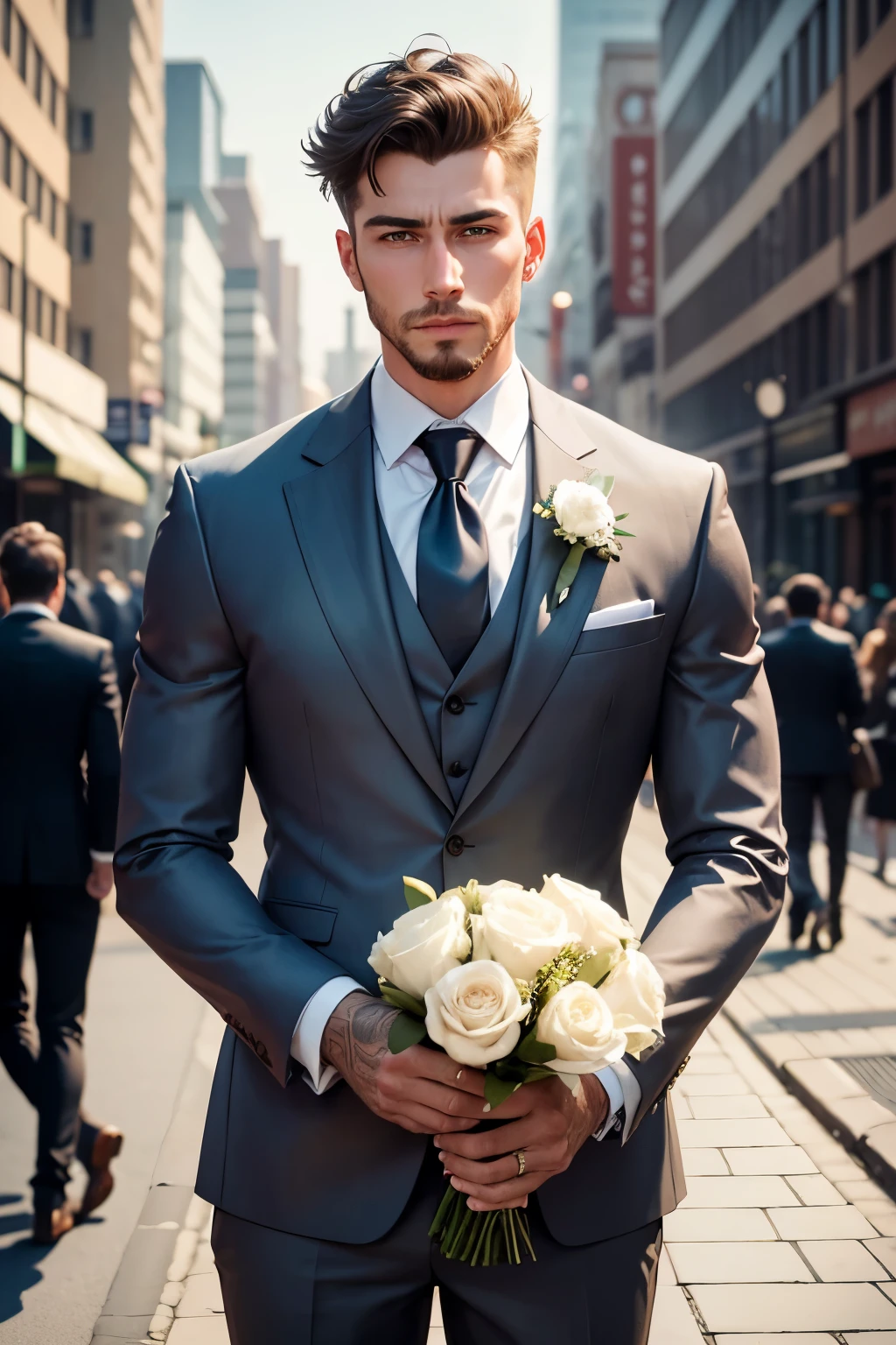 best quality, 32k, RAW photo, incredibly absurdres, extremely detailed, a meeting spot in the city where a handsome man waits alone for his lover to arrive, holding a large bouquet of flowers and looking sharp in a suit