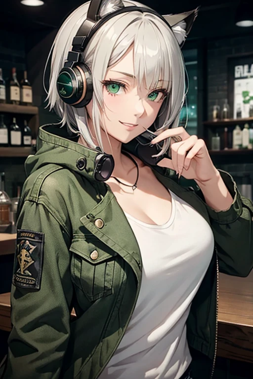 woman、short messy silver hair、full breasted tank top、emerald green eyes、green tactical coat、distressed jeans、laughter、black cat ear headset、girls frontline、Dolls Frontline、GM6 Lynx、cool pose、BAR background、High level image quality、high quality、high detail