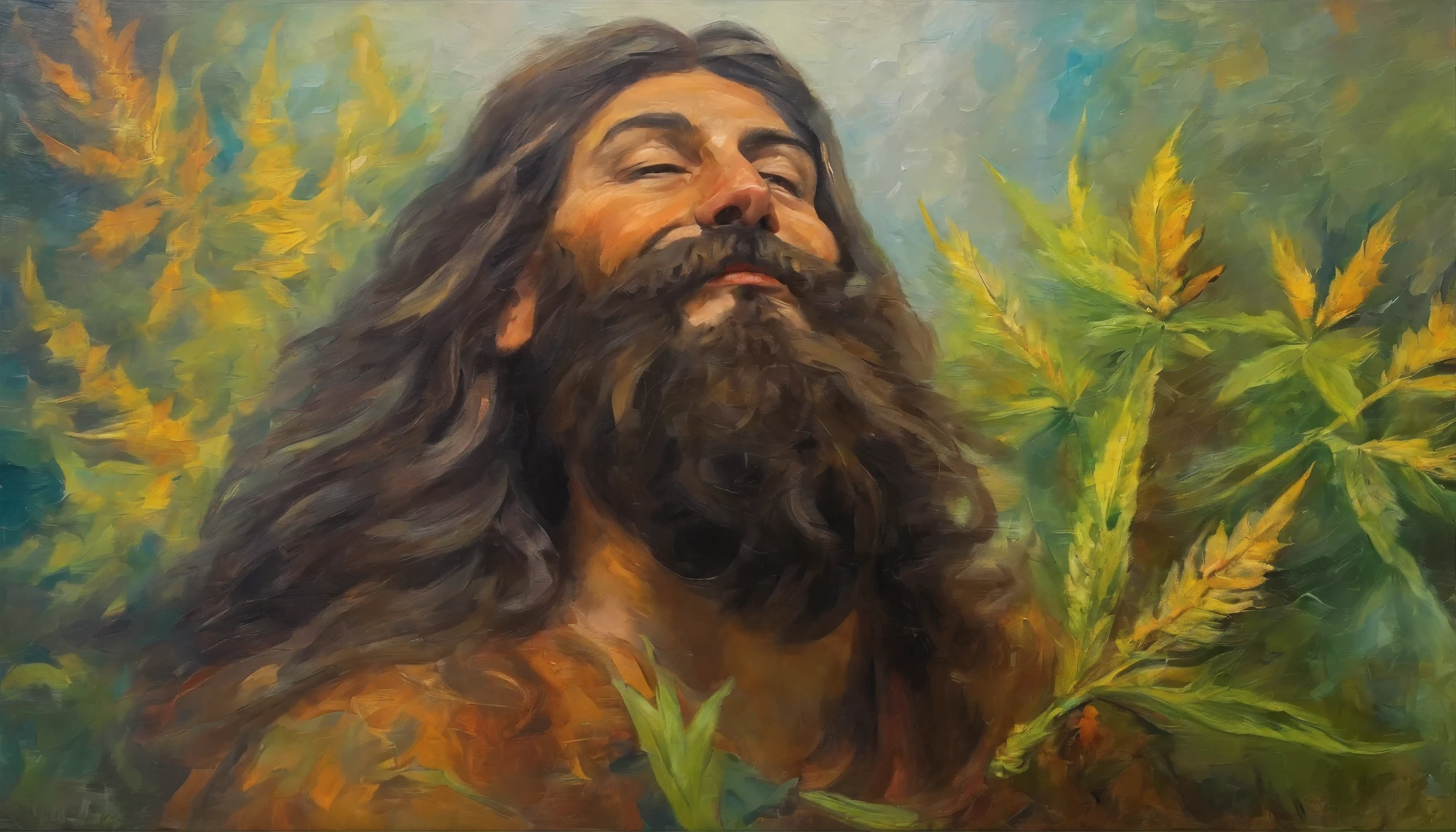 marijuana and michigan man with very long hair and a beard and mustache. embracing each other well god is watching over us