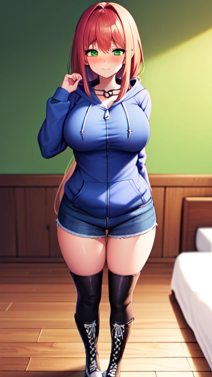 (Anime girl wearing a ((light blue zip up hoodie)), (blue jeans), and ((black converse knee high lace up boots with white round toes)), Large breasts, thick thighs, cute, full body image, back view, long hair, green eyes, quality images, ((high quality faces)), bedroom, standing, shy and cute posing, blushing, embarrassed