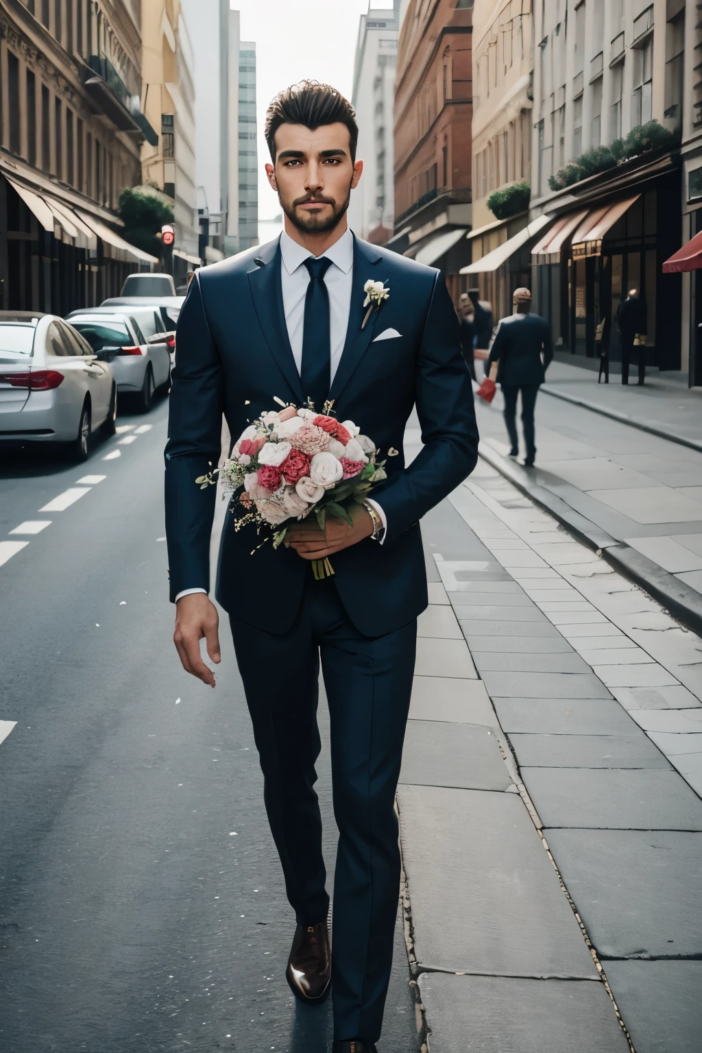 best quality, 32k, RAW photo, incredibly absurdres, extremely detailed, a meeting spot in the city where a handsome man waits alone for his lover to arrive, holding a large bouquet of flowers and looking sharp in a suit