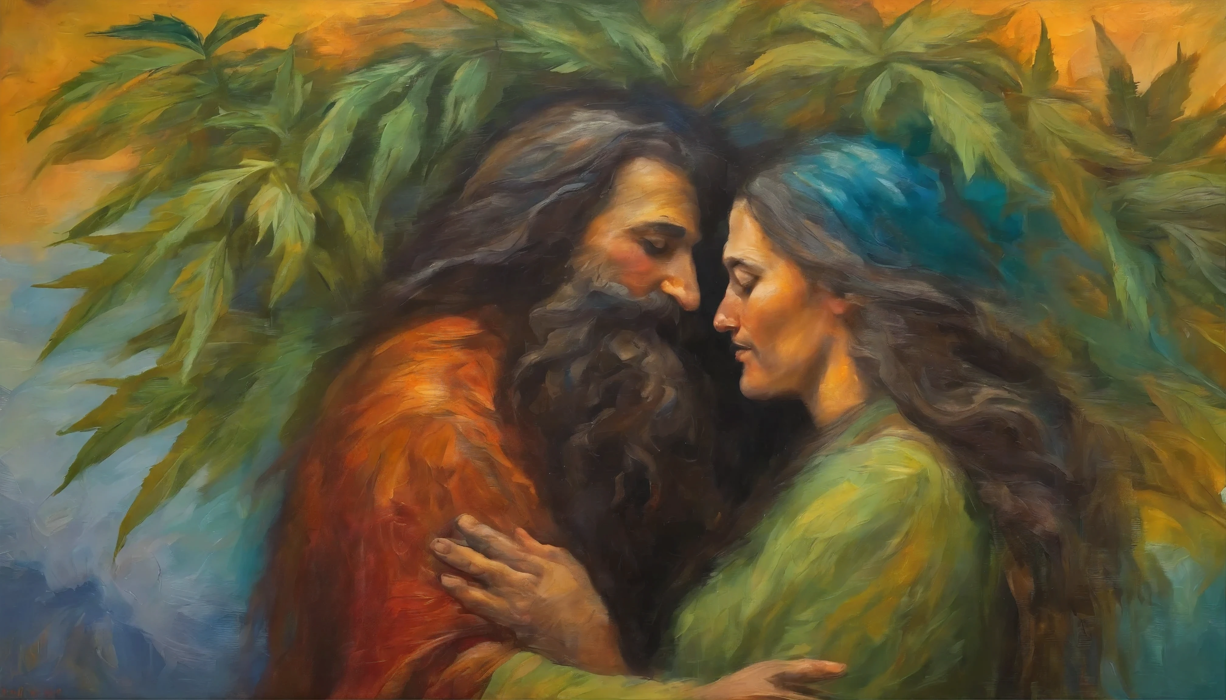 marijuana and michigan man with very long hair and a beard and mustache. embracing each other well god is watching over us