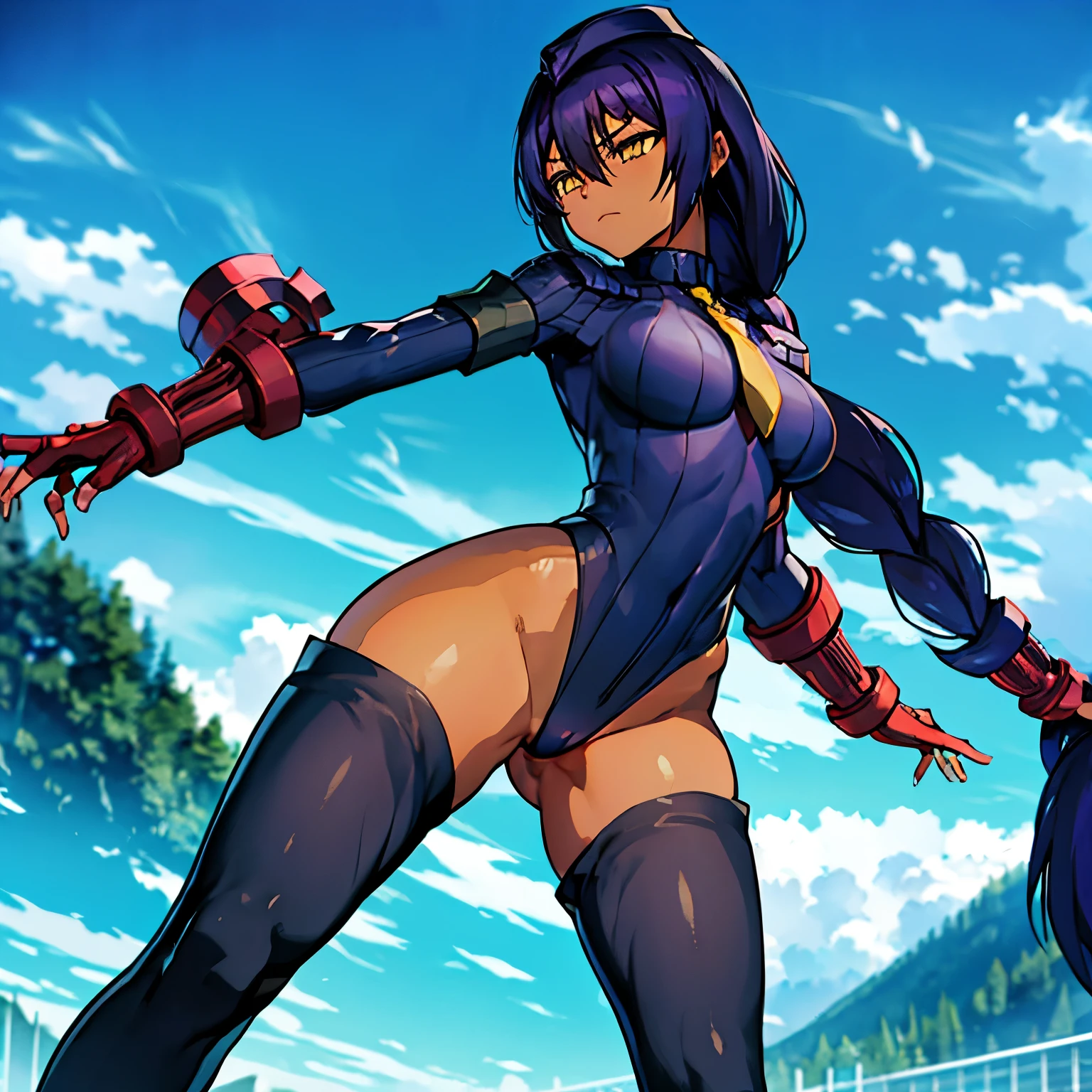 ultra-detailed, Explicit, Beautiful body, Beautiful Nose, Beautiful character design, perfect eyes, perfect face, ultra highres, 4K, beautiful legs, perfect legs, Nice hands, Perfect hand, Masterpiece, Best Quality, Highly detailed, illustration, absurdres, perfect anatomy, street fighter, doll suit, shadaloo doll, dollsuit, expressionless, blank eyes, looking at viewer, red gloves, emotionless, black latex, corrution, mind control, female combatant, full body, hypnotized, unhappy trance, full body suit, ribbed bodysuit, both arms at side, obey, perfect female body, extremely glossy latex, hypnosis, hypnoLora, empty eyes, Mind control device, poses, submissive_pose, Slave, hat, necktie, stand up straight, standing, standing at attention, hat, necktie, belt, latex, ribbed bodysuit, thighhighs, garter belt, Fighting Stance, extending the right arm from the shoulder into the air with a straightened hand, military, thigh boots, 1girl, hair ornaments, purple hair, long hair, yellow eyes, Jahy-sama