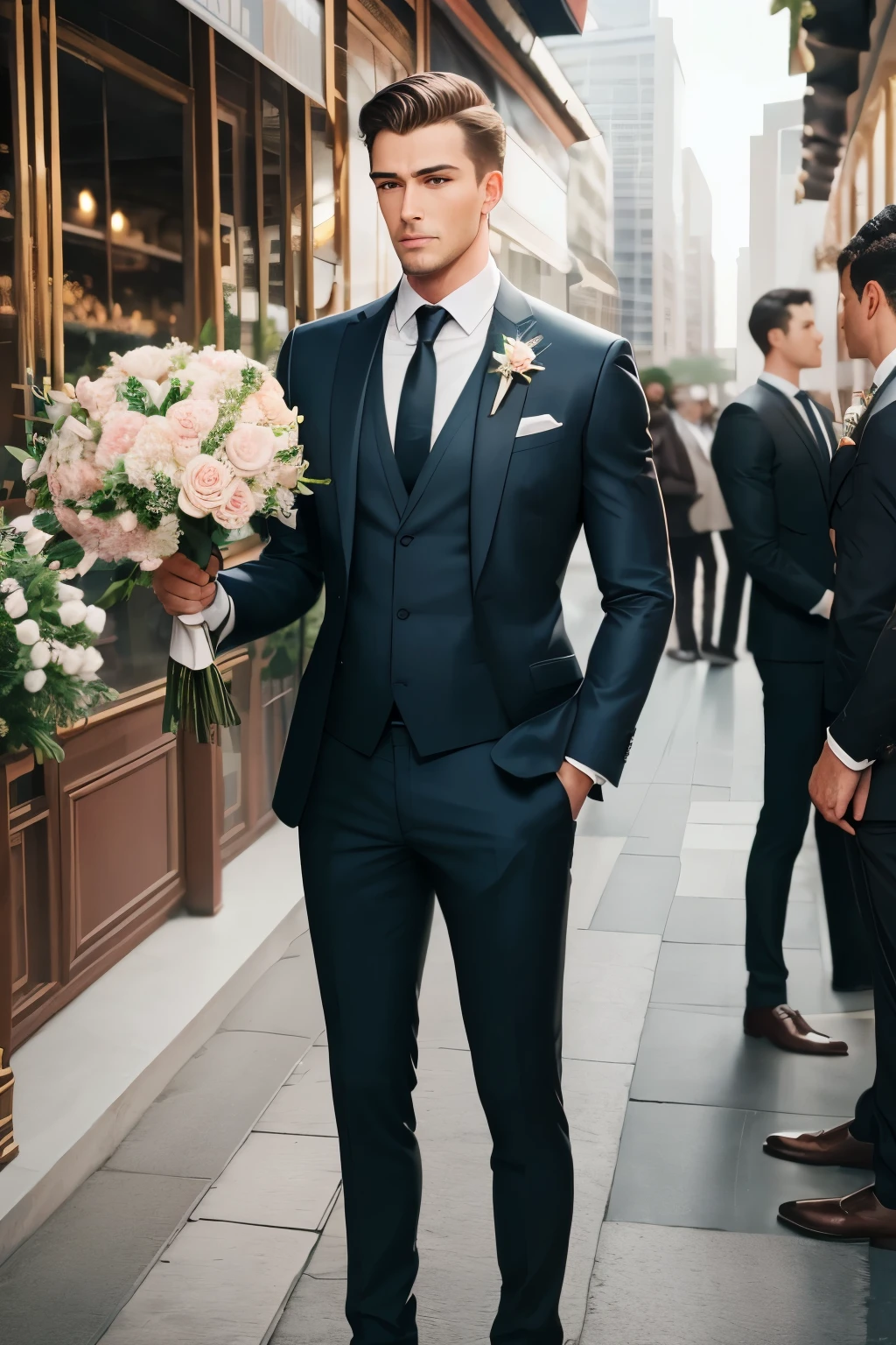 best quality, 32k, RAW photo, incredibly absurdres, extremely detailed, a meeting spot in the city where you can see handsome men waiting for their lovers with big bouquets of flowers and sharp suits