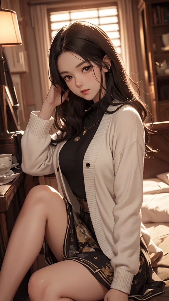 ((Highly detailed CG unit 8k wallpaper, masterpiece, High resolution, highest quality)), (Beautiful woman, put one&#39;s hand in one&#39;s pocket:1.2, Sitting on the ground:1.2, wear a tight dress), ((highly detailed face, Highly detailed black eyes, detailed body, highest qualityのリアルテクスチャスキン)), (black hair, white skin, ), (warm color, Retro interior, indoor), (high angle:1.2), hyper realistic, digital painting, concept art,