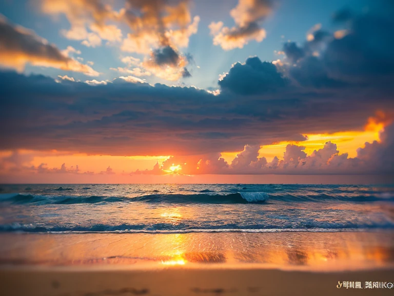 landscape, summer, sunset, Okinawa Prefecture, Ocean, unmanned, beach, no one, Hot weather, sunset, HD detail, ultra detail, movie, hyper realism, soft light, Deep focus bokeh, ray tracing, Art Station Pixiv Gees, makoto shinkai, germ of art