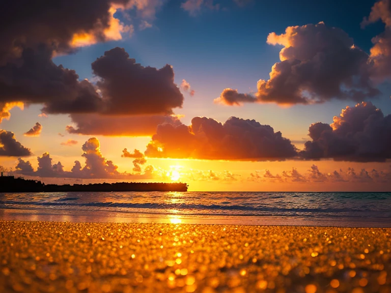 landscape, summer, sunset, Okinawa Prefecture, Ocean, unmanned, beach, no one, Hot weather, sunset, HD detail, ultra detail, movie, hyper realism, soft light, Deep focus bokeh, ray tracing, Art Station Pixiv Gees, makoto shinkai, germ of art