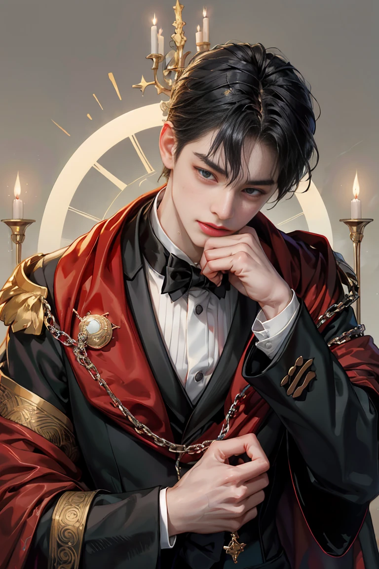 masterpiece, 最high quality, high quality, 1 boy, alone, male focus, looking at the viewer, whole body, Winning spirit_destiny, dirty black hair, blue adorable big eyes, white people, Noble, Noble, Noble的な吸血鬼、Classy tuxedo,While holding in his hand a very large and long red and black cloak with a very large collar., 20-year-old,cute beautiful boy,cute cute crying face