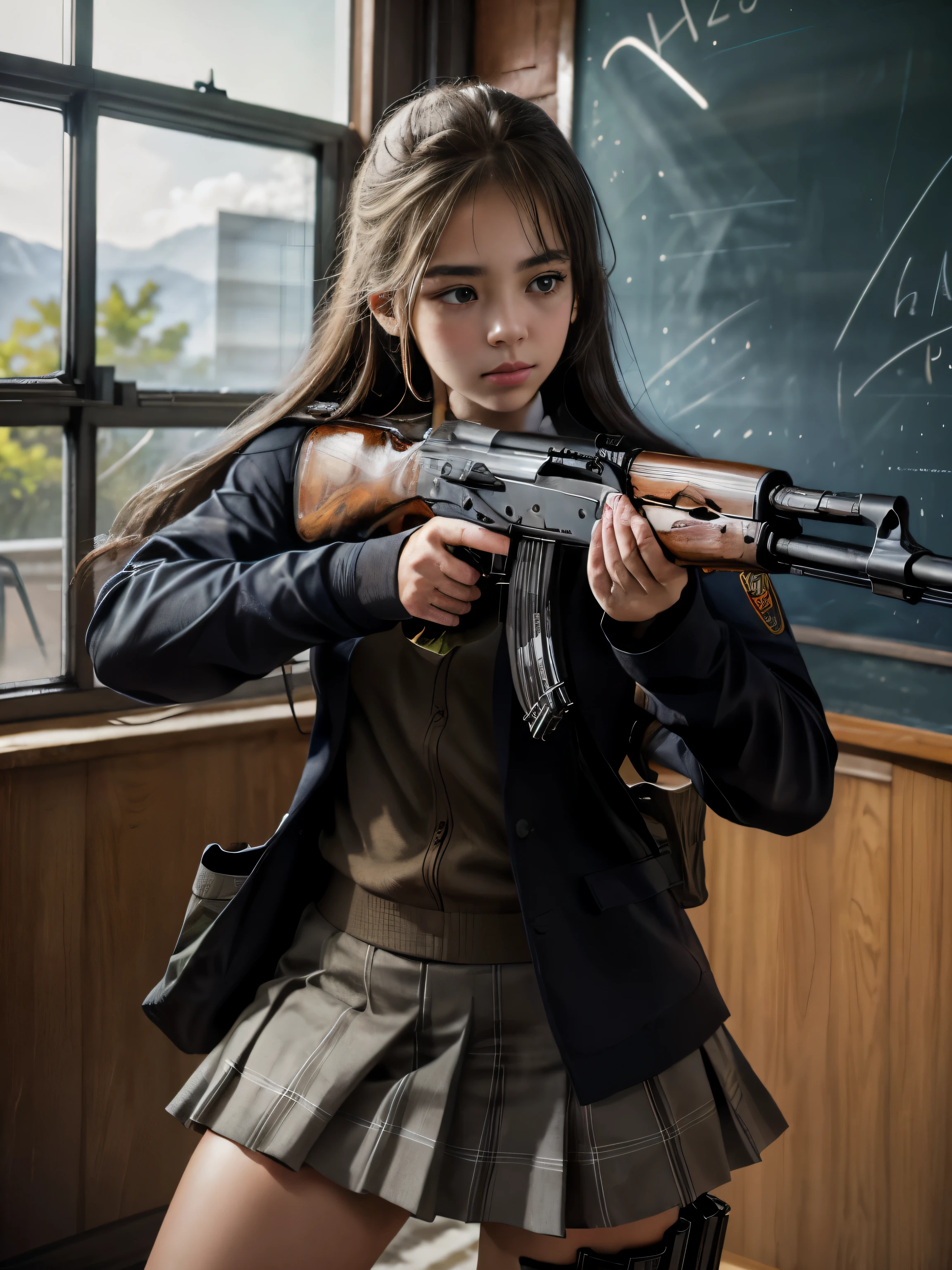 masterpiece, best quality, high resolution, extremely detailed CG,  1girl, school uniform, holding gun, ak-47, akm, assault rifle, kalashnikov rifle, (aiming:1.2), finger on trigger,