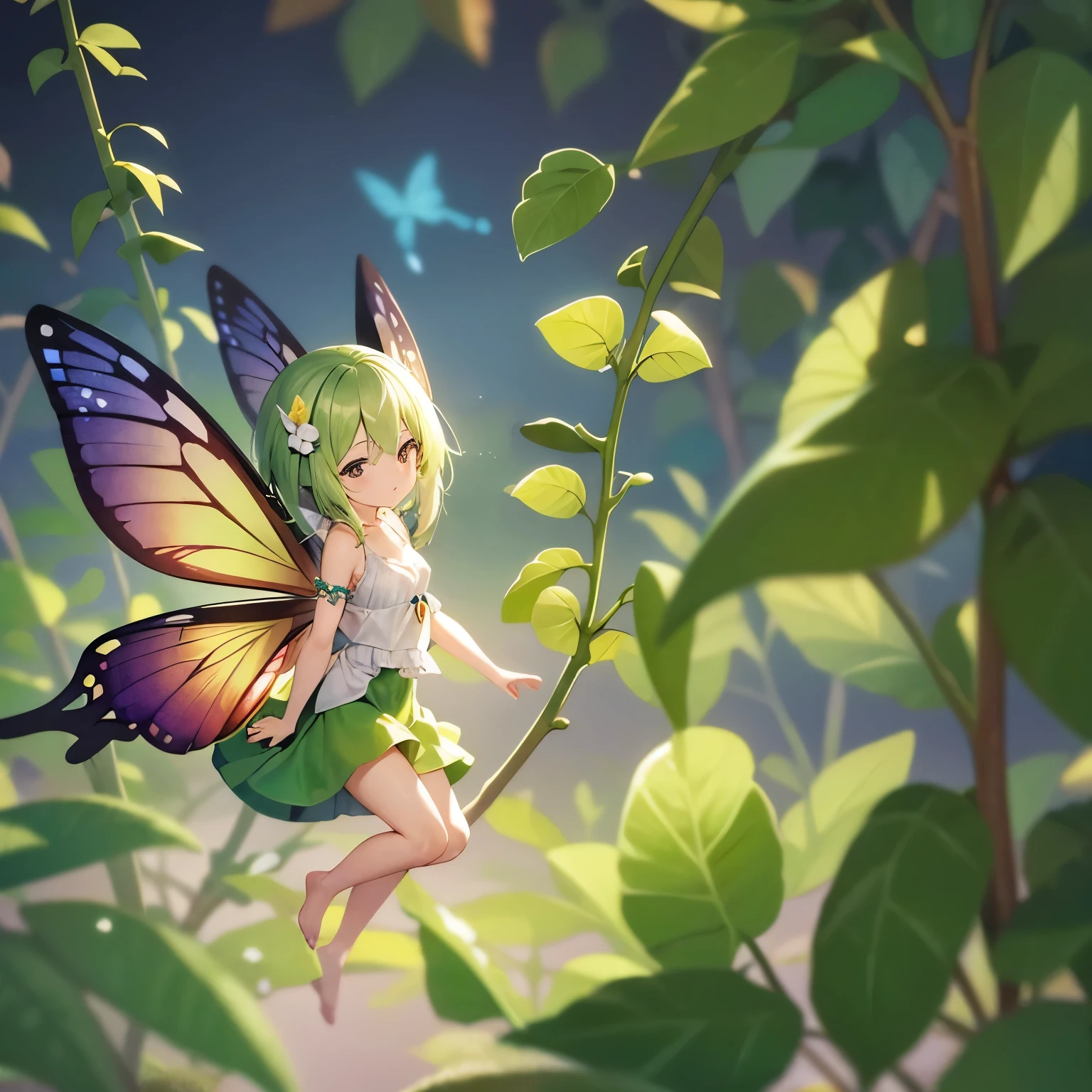 sweet dainty fairy that looks like a grasshopper sleeping in a dewy pea pod, all tucked in for slumber, wearing a green leaf skirt and top, butterflies hover above as if in a dream,