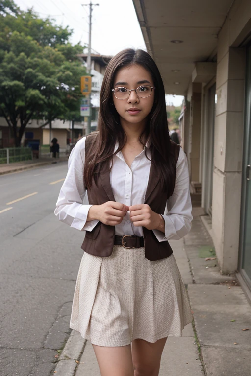Bogor city girl, school girl, sweet young, 18 years old girls, dress modestly, open wide little beautiful eyes, curious face, glasses, walking go to the campus