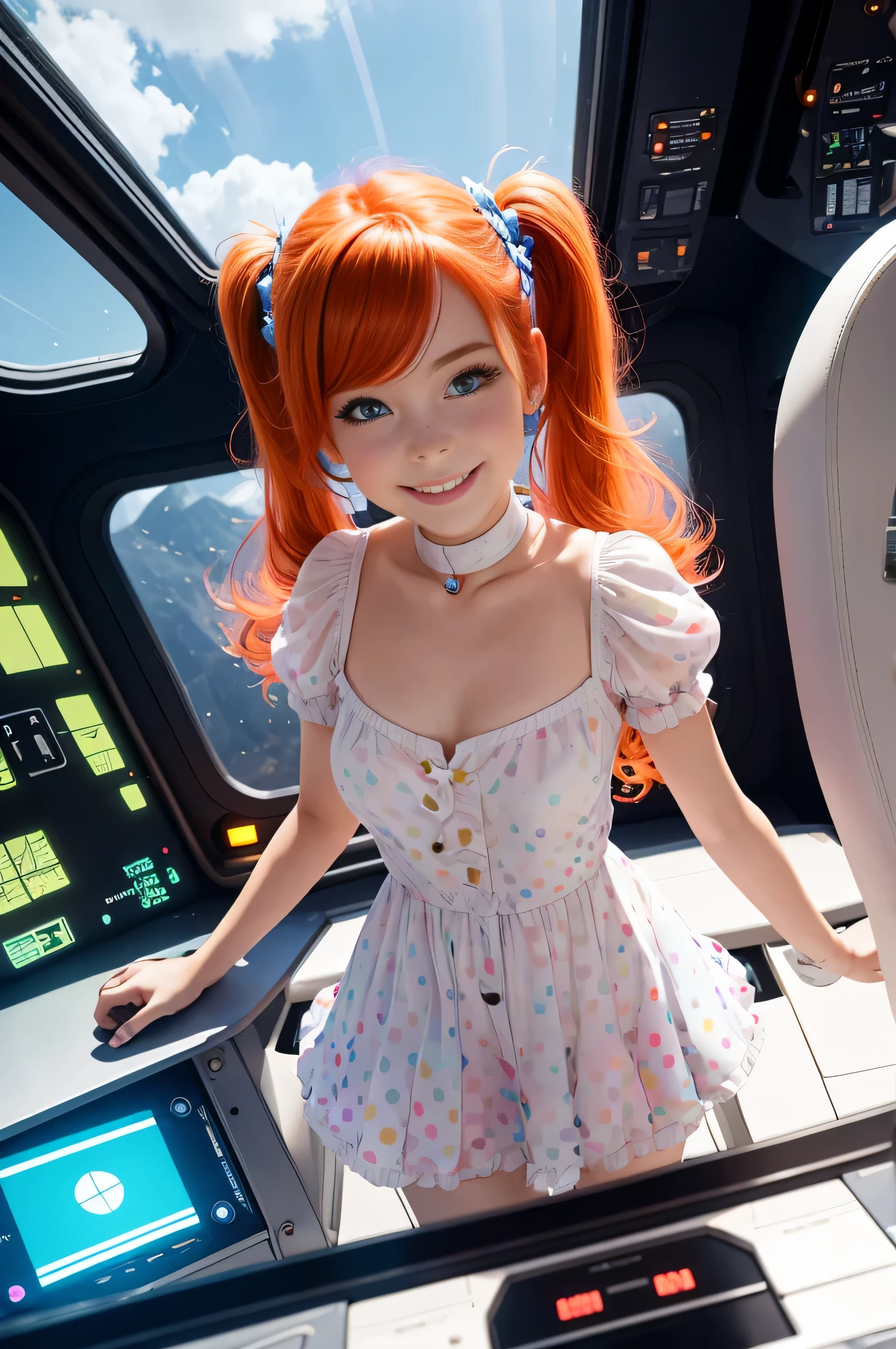 ((small breasts: 1.5)), ((hard breasts)), (beautiful young woman (perfect face), (Aerial view) , (From above), Cute redhead with rainbow colored hair tips, ribbons in her hair, 21 year old woman, happy, smiling, in twin tails, Perfect eyes, Bright, light blue eyes, pale skin, thaty smooth skin, flying a fancy metal spaceship, futuristic cabin, she is a pilot, outer space seen in windows, warm and dark lighting, wearing a futuristic dress, pleated (shirt) mini dress (rainbow pastel colors, and polka dots), puffy sleeves, that, shackles, cute short cut ankle boots, Boots.