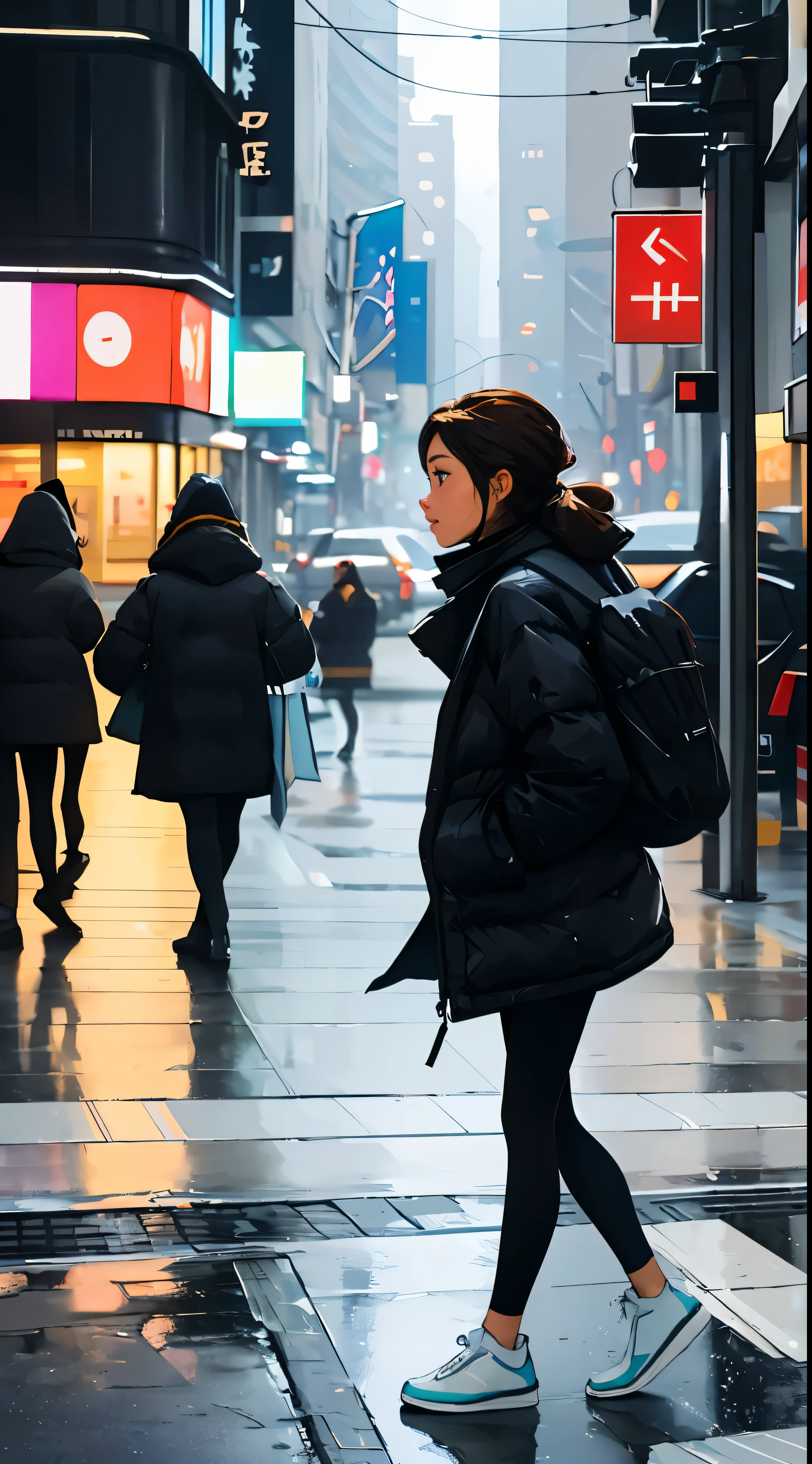 After travel, station front,A woman is putting down her travel backpack, carrying shopping bags, And make a call somewhere.,vivid colors, soft focus, Light leakage, dreamy winter atmosphere, experimental charm, Retro charm break color field painting, A variety of colors, abstract expressionism, bold hues, emotional impact, atmospheric depth, Minimalist approach BREAK, Beautiful woman, UHD (ultra detail) Wear hip-hop style black padding.., another, fancy, long, Hair dyed brown tied into one long piece 🌈, black padded clothing, White stardust in dark areas, absurd, high resolution, very detailed, (1 woman : ), vivid colors, soft focus, Light leakage, dreamy atmosphere, information