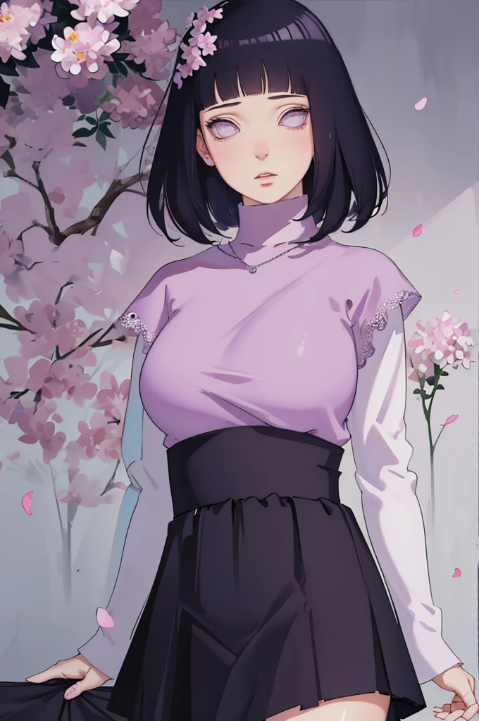 { - anatomy error} (Masterpiece - Ultra-detailed, very high resolution) (huge titusty, masterpiece, absurdres, hinata\(boruto\), 1girl, solo,mature female, lilac turtleneck blouse, high waist black short skirt, looking at viewelling petals), perfect composition, detailed lips, big breast, beautiful face, body propotion, blush, (pink lips), short hair, (black hair), purple eyes, soft gaze, super realistic, detailed, photoshoot, realistic face and body, closed mouth, dancing ligthly , lilac eyes, full body, lace clothes, with chin resting on shoulder, perfect fingers