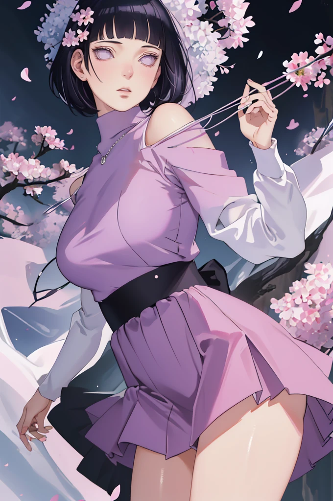 { - anatomy error} (Masterpiece - Ultra-detailed, very high resolution) (huge titusty, masterpiece, absurdres, hinata\(boruto\), 1girl, solo,mature female, lilac turtleneck blouse, high waist black short skirt, looking at viewelling petals), perfect composition, detailed lips, big breast, beautiful face, body propotion, blush, (pink lips), short hair, (black hair), purple eyes, soft gaze, super realistic, detailed, photoshoot, realistic face and body, closed mouth, dancing ligthly , lilac eyes, full body, lace clothes, with chin resting on shoulder, perfect fingers