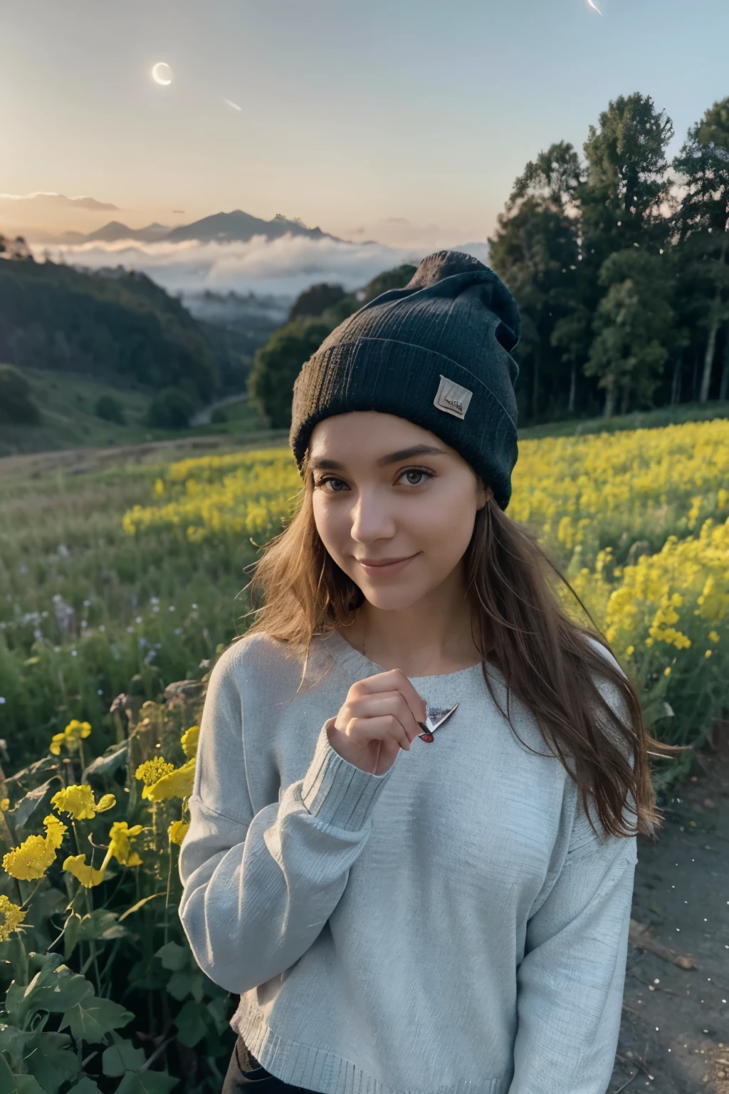Copy photograph, photo of beautiful woman, selfie, upper body, solo, wearing pullover, outdoors, (night), mountains, real life nature, stars, moon, cheerful, happy, gloves, sweater, beanie, forest, rocks, river, wood, smoke, fog, looking at viewer, skin texture, photo grain, close up, RAW photo, rave woman, love celebration, 8k, raver crowd, 2 besties raving in a corn fields with vlye skyes, almost no clouds, bright sun, dark forest behind... with fog, hope in front, Poppy flowers on the ground. #0057B7 light blue for the sky & #FFDD00 and yellow for canola flower fields, woman doing a heart sign with hands, no blurry face