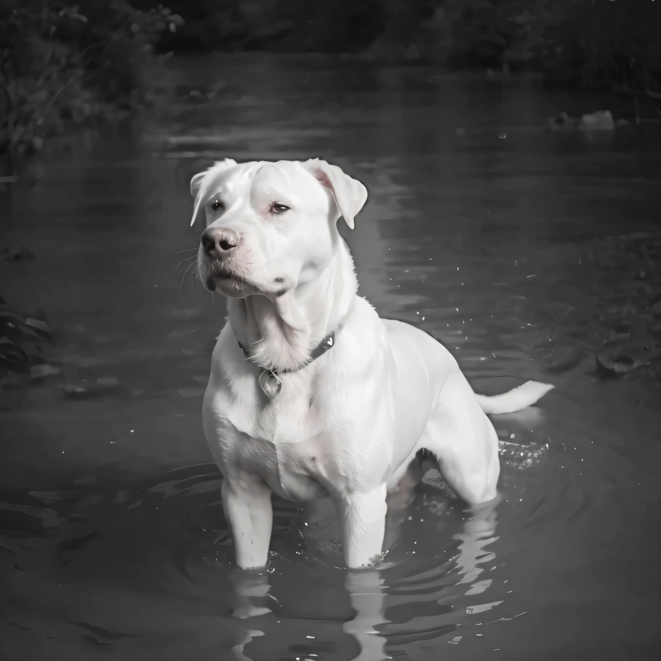 White pitbull dog in the water at night with a camera., un perro pitbull blanco, imagen granulada, muy imagen granulada, still video, grainy footage en blanco y negro, Captured by trail camera., Foto de archivo, medianoche, pitbull, Foto granulada en blanco y negro, grainy footage, foto tomada en la noche, trail camera images, pitt, last photo ever taken