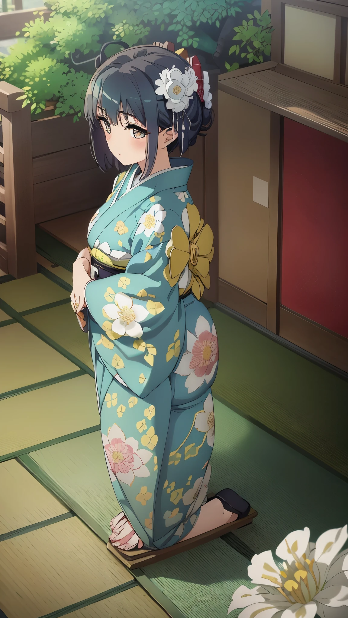 1girl, solo, from above, (white lily flowers), aesthetic, intricate, best quality, detailed background, Sayaka Miki, ((girl wearing a patterned teal kimono:1.2)), (walking in zen garden), casual pose, detailed textures, posing, floral print, hair flower, hair ornament, japanese clothes, kimono, obi, outdoors, pagoda, petals, (teal kimono), sash, shrine, sky, stone stairs, torii, wide sleeves, yukata, close up, kneeling