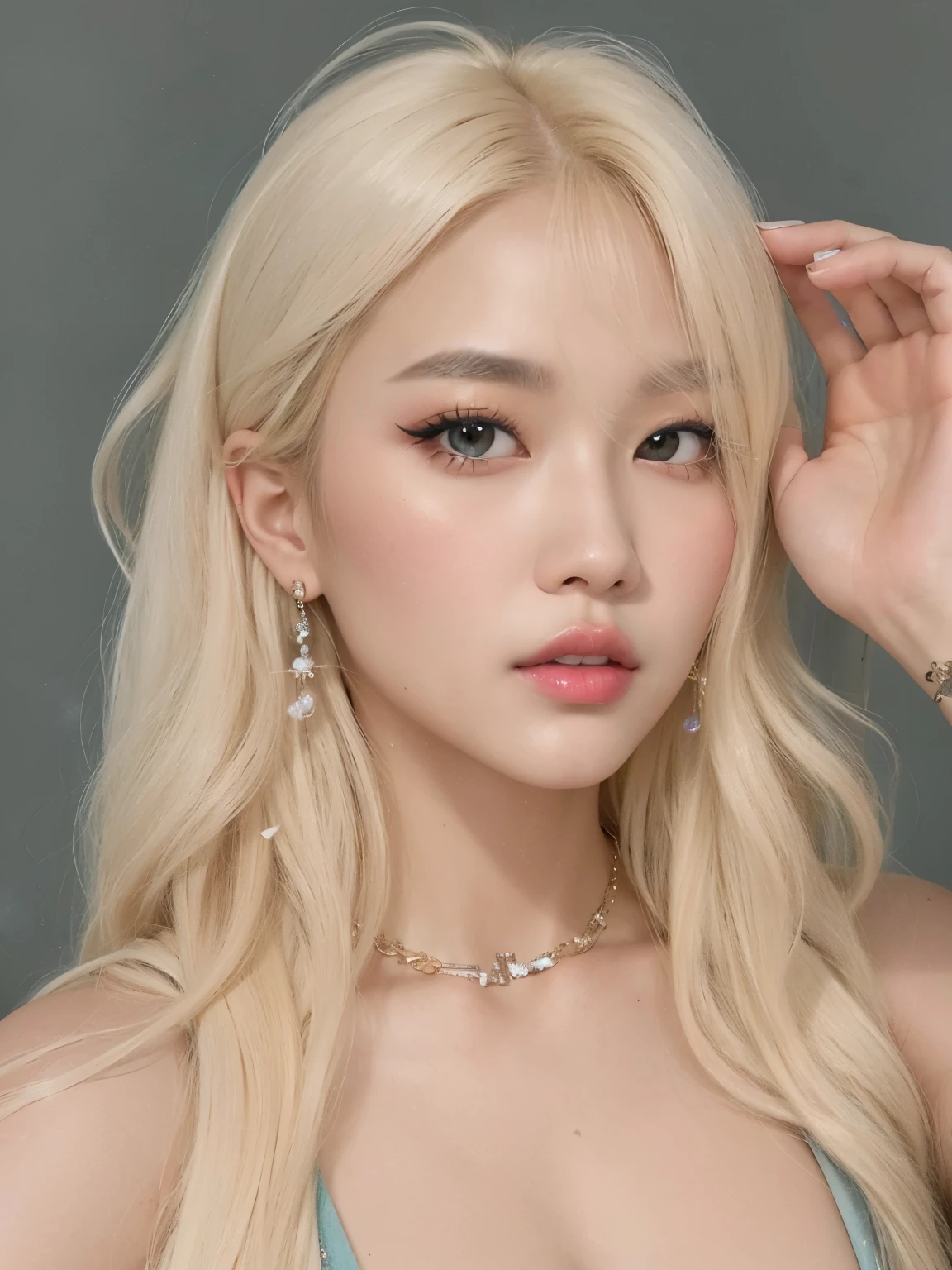 a close up of a woman with long blonde hair wearing a necklace, jinyoung shin, roseanne park of blackpink, lalisa manobal, long white hair and bangs, ulzzang, popular south korean makeup, sakimichan, heonhwa choe, portrait of kim petras, popular korean makeup, portrait of jossi of blackpink, white bangs