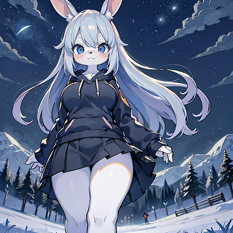 (masterpiece, highest quality), intricate details, 8K, lapin, whole body, 1 girl, blue eyes,cute, big breasts, slender body shape, night, white furry, long hair, anime, Standard height, gray hair, black hoodie, snowfield, 10th generation, The wind is blowing, Mofumofuno, Hair is fluttering, black skirt
