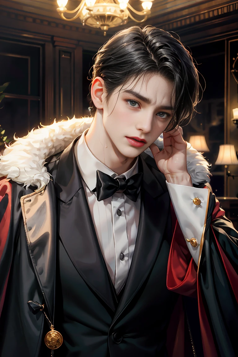 masterpiece, 最high quality, high quality, boy alone, male focus, looking at the viewer, whole body, Winning spirit_destiny, dirty black hair, blue adorable big eyes, white people, Noble, Noble, Noble的な吸血鬼、Classy tuxedo,A very large long red and black cloak with a very large collar, 20-year-old,cute beautiful boy,cute cute crying face