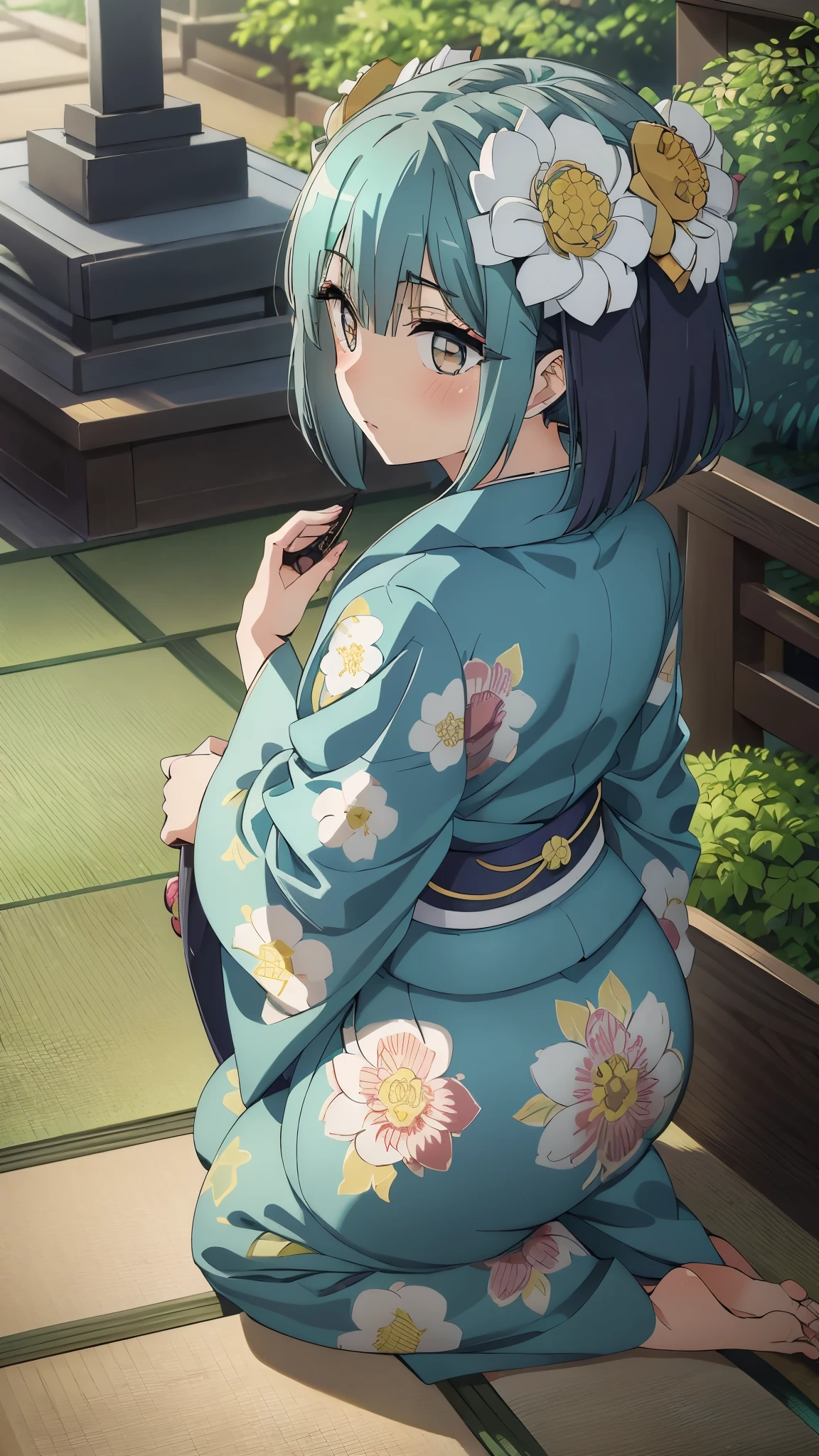 1girl, solo, from above, (white lily flowers), aesthetic, intricate, best quality, detailed background, Sayaka Miki, ((girl wearing a patterned teal kimono:1.2)), (walking in zen garden),  casual pose, detailed textures, posing, floral print, hair flower, hair ornament, japanese clothes, kimono, obi, outdoors, pagoda, petals, (teal kimono), sash, shrine, sky, stone stairs, torii, wide sleeves, yukata, close up, kneeling