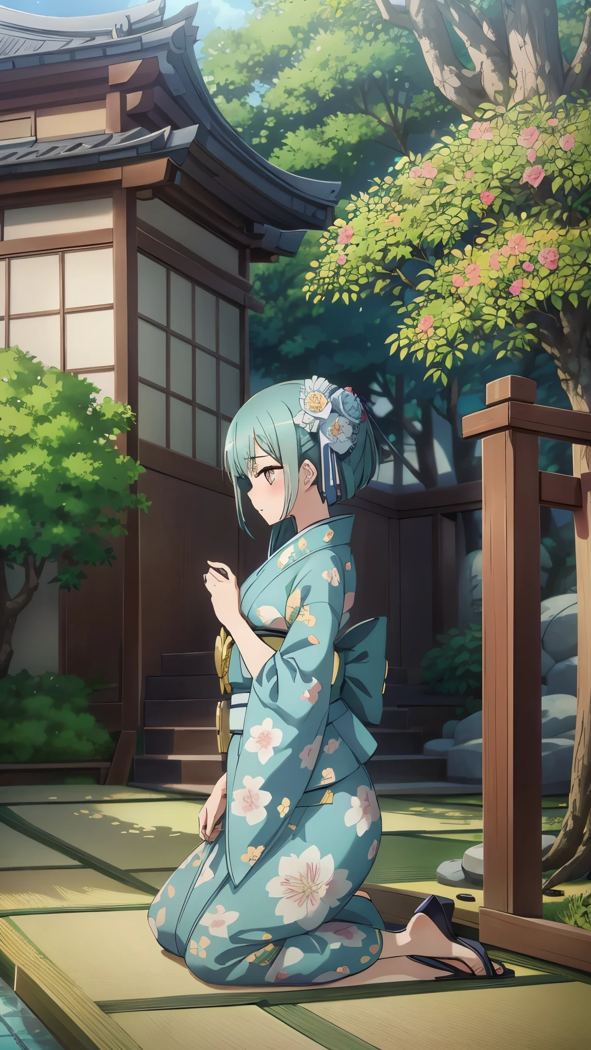 1girl, solo, from above, (white lily flowers), aesthetic, intricate, best quality, detailed background, Sayaka Miki, ((girl wearing a patterned teal kimono:1.2)), (walking in zen garden), casual pose, detailed textures, posing, floral print, hair flower, hair ornament, japanese clothes, kimono, obi, outdoors, pagoda, petals, (teal kimono), sash, shrine, sky, stone stairs, torii, wide sleeves, yukata, close up, kneeling