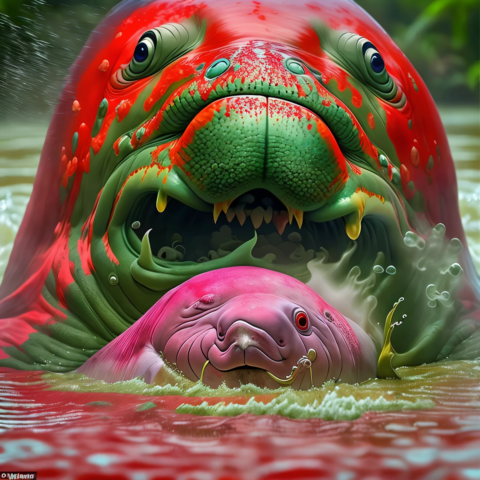 Crie uma imagem aterrorizante de um grande cardume de ((piranha-vermelha ((Pygocentrus nattereri Kner)), attacking a manatee in the rivers of the Brazilian Amazon, the boiling water dyed a vivid red makes the image even more terrifying
