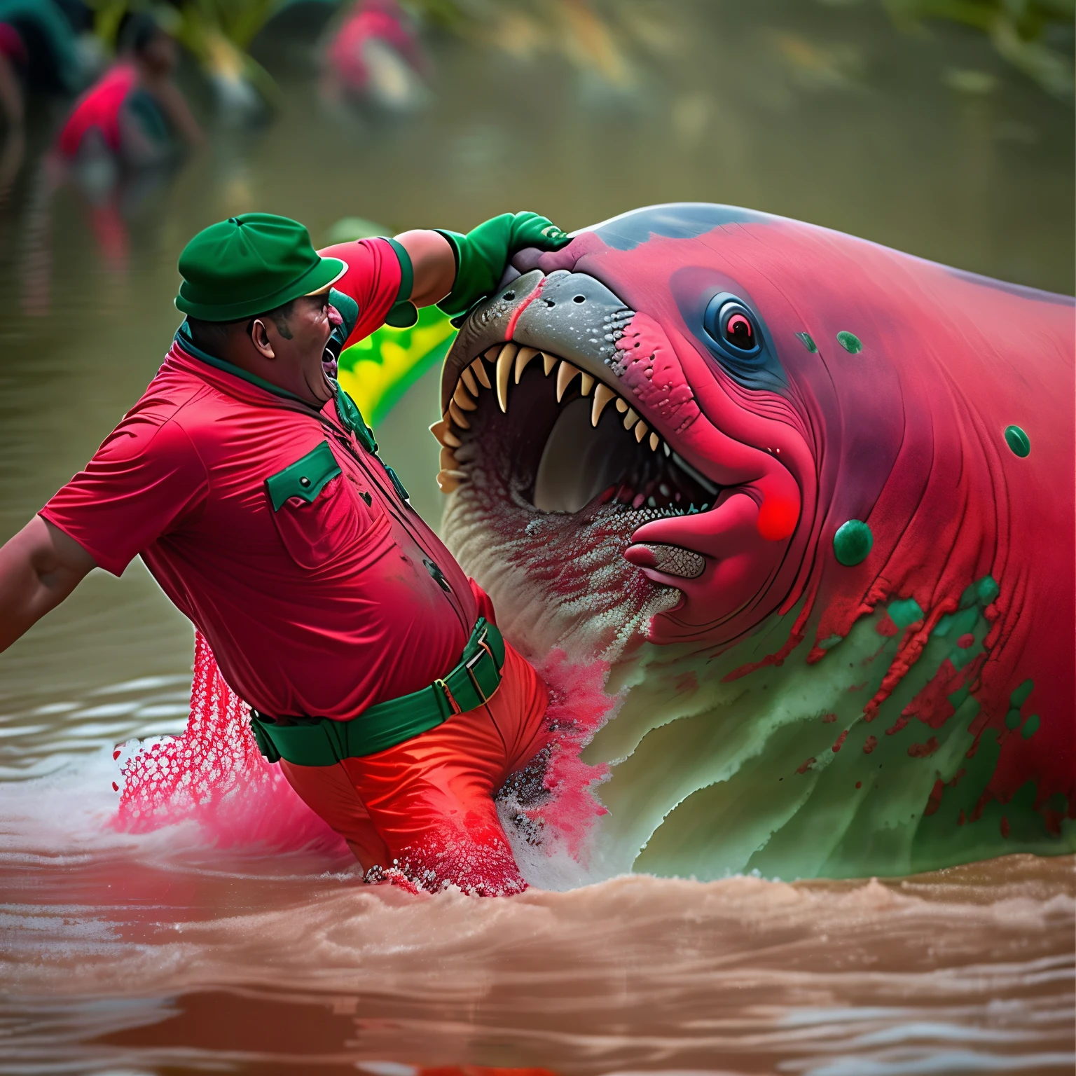 Crie uma imagem aterrorizante de um grande cardume de ((piranha-vermelha ((Pygocentrus nattereri Kner)), attacking a manatee in the rivers of the Brazilian Amazon, the boiling water dyed a vivid red makes the image even more terrifying