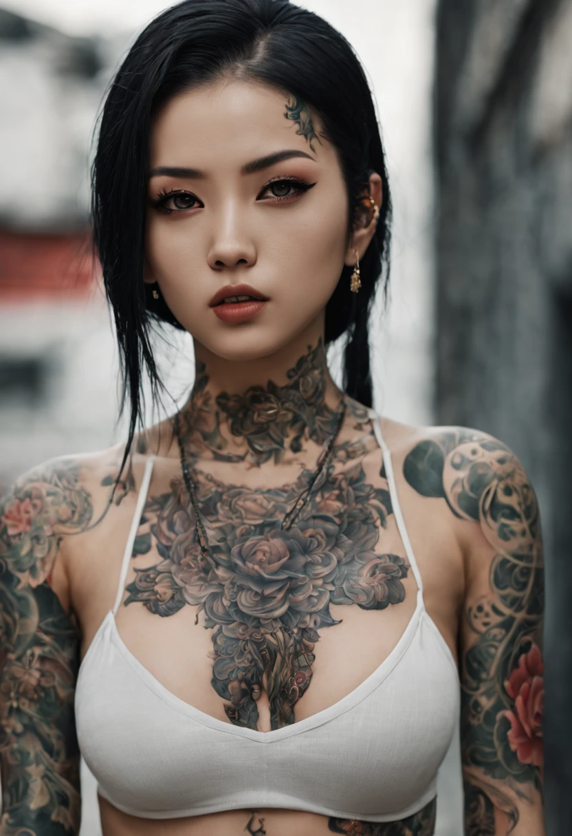 [[highly detailed face]], [[goddess face]], An Yakuza girl, showing all her tattoos, full body image, she is covered in tattoos, long black hair, high quality images, unreal engine, perfect skin texture, goddess face