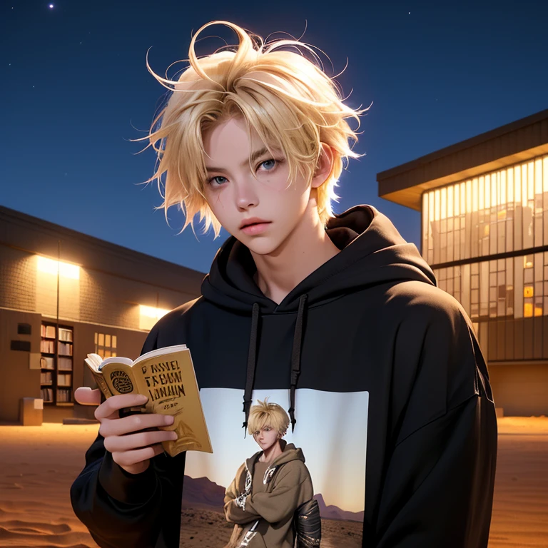 male, blonde, windswept hair, Specular Highlights, midnight, desert, rim lighting, dim direct light, whole body,cool pose、mash hair、Food Hoodie、casual　beautiful young man　library　literature