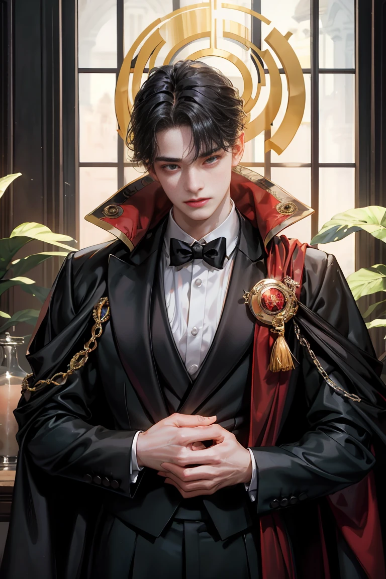 masterpiece, 最high quality, high quality, boy alone, male focus, looking at the viewer, whole body, Winning spirit_destiny, dirty black hair, blue adorable big eyes, white people, Noble, Noble, Noble的な吸血鬼、Classy tuxedo,A very large long red and black cloak with a very large collar., 20-year-old,cute beautiful boy,cute cute crying face