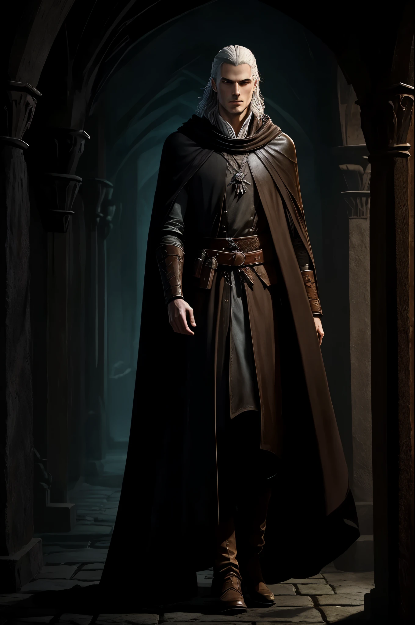 pale vampireClose up of a tall thin young man in cloak and cloak standing in a dark room, Man with long arms and legs, flowing robes and leather armor, imagem de um alquimista masculino, male artificer, Arte conceitual de The Witcher, RPG retrato arte conceitual, arte conceitual medieval, Retrato de personagem DND de corpo inteiro, Arte do personagem RPG, Man with potions and herbs on waist.