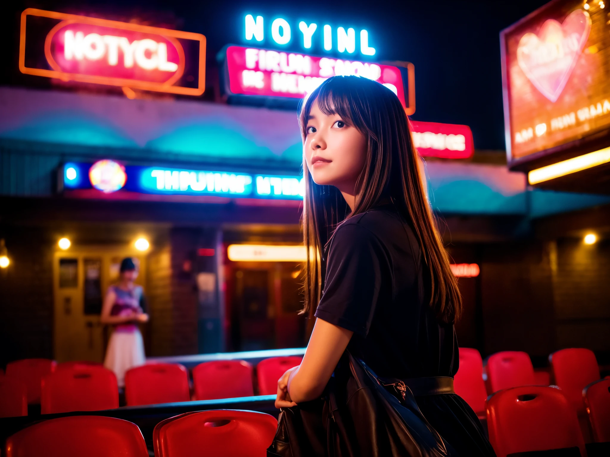(best quality, 4K), a girl waiting for her boyfriend's arrival on their first date, in front of the movie theater