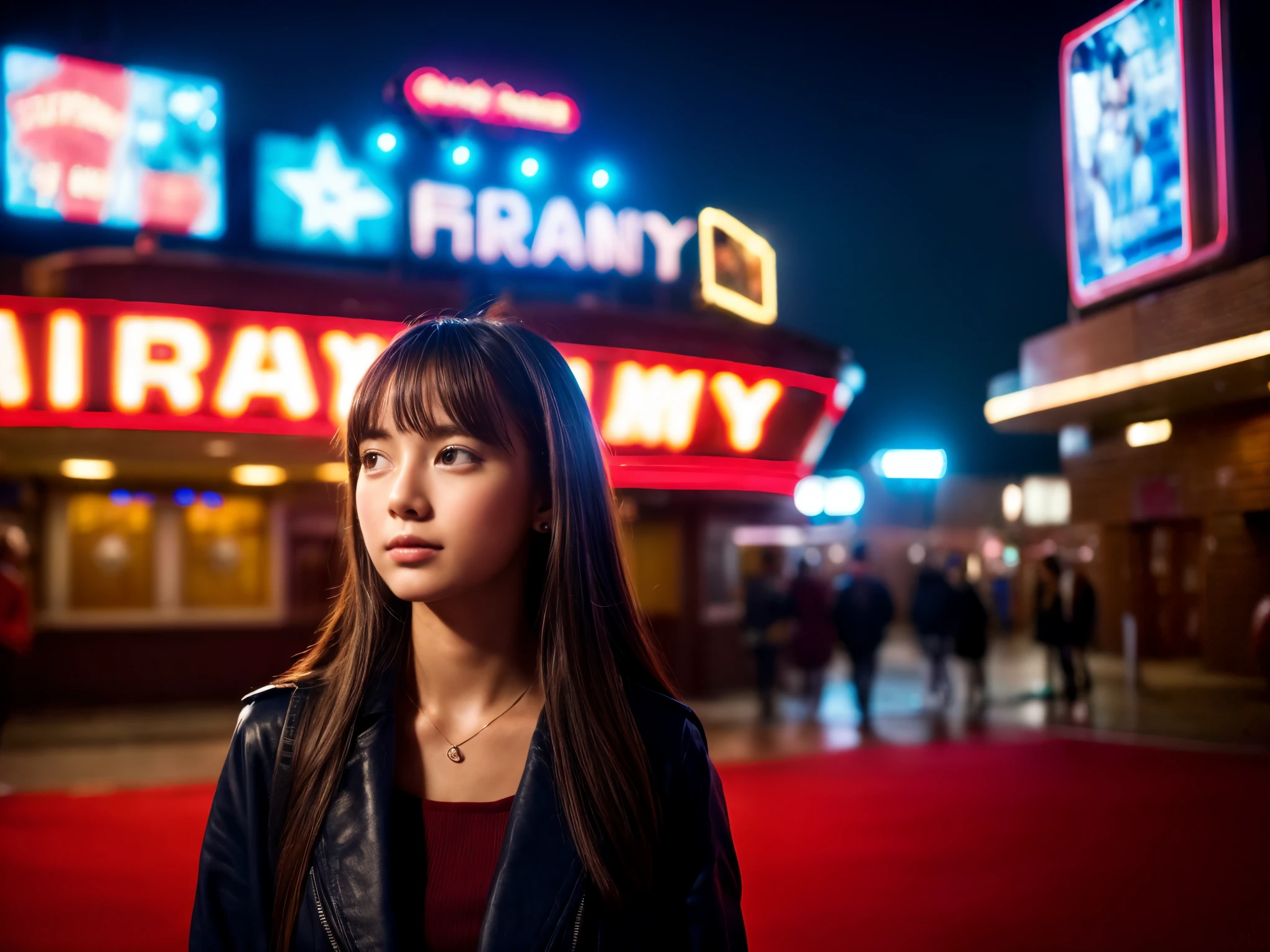 (best quality, 4K), a girl waiting for her boyfriend's arrival on their first date, in front of the movie theater