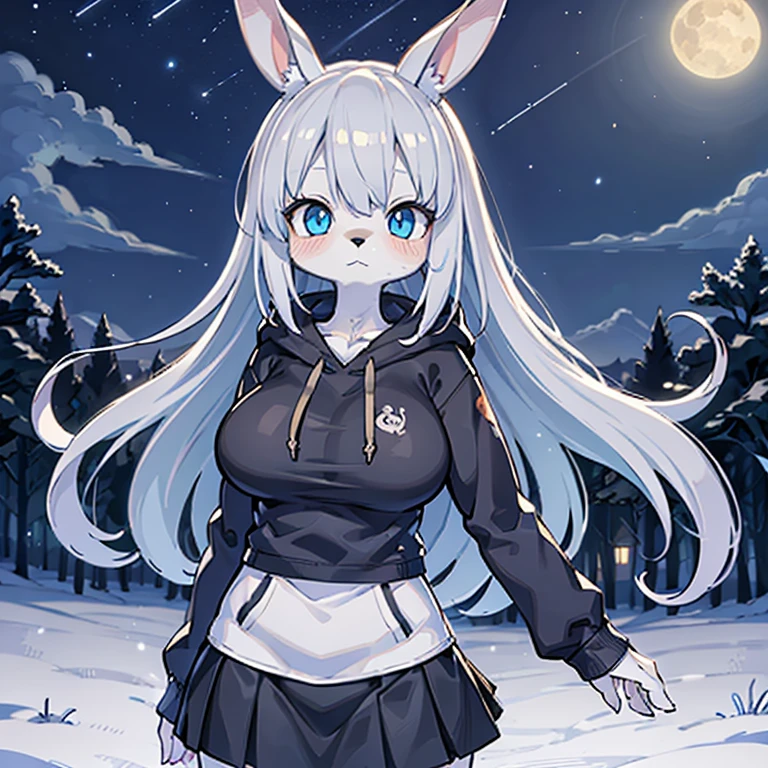 (masterpiece, highest quality), intricate details, 8K, lapin, whole body, 1 girl, blue eyes,cute, , slender body shape, night, white furry, long hair, anime, Standard height, gray hair,  snowfield, 10th generation, the wind is blowing to the right, Mofumofuno, Hair is fluttering, black hoodie and black skirt, Expressionless