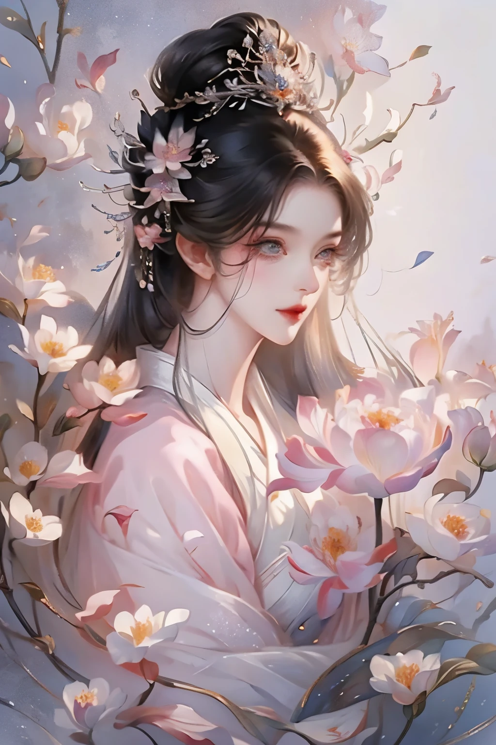 there is a woman,There is a flower in his hair, 3D animation realistic, ((beautiful fantasy queen)), The animations are rich in detail, inspired by plum trees, beautiful fantasy queen, Realistic anime 3D style, 8K high-detail face, The facial details are very rich, Smooth anime CG art, Realistic young anime girl, High-detail facial animation