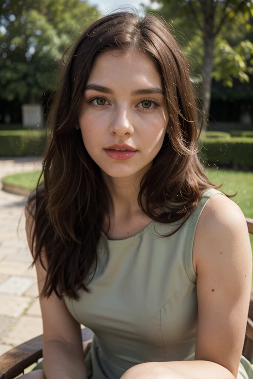 Woman with straight brown hair with very long hair down to her waist, light eyes, green eyes, around 22 years old, a mouth with thick lips painted with light pink lipstick and a small nose, asymmetrical oval face is wearing a dress from the 1700s She is alone in Versailles looking at the garden