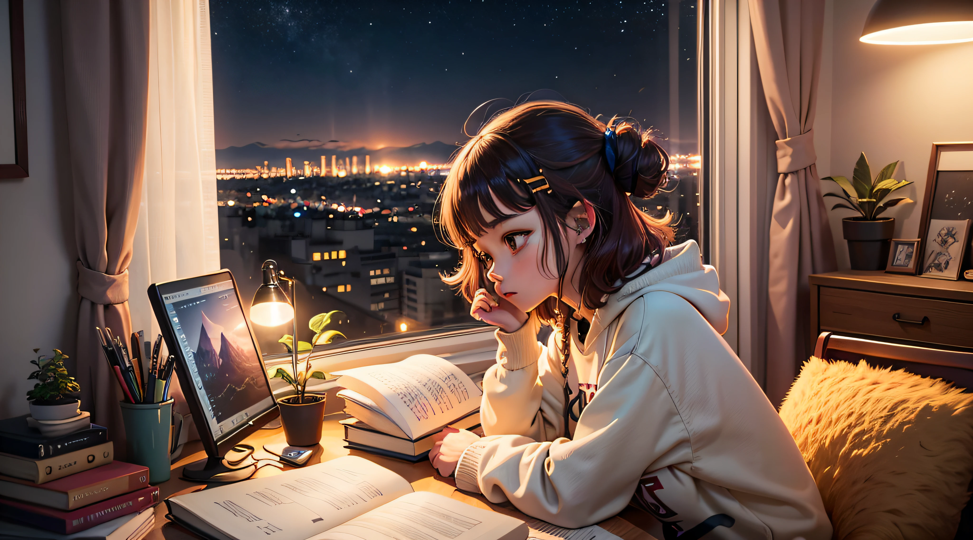 Lofi Music Anime Illustrations, uma  em um quarto estudando, com livros, um notebook com uma pela vista de uma cidade a noite, listening to music while conceiving in studies, uma atmosfera agradavel e um pouco escuro o quarto --auto