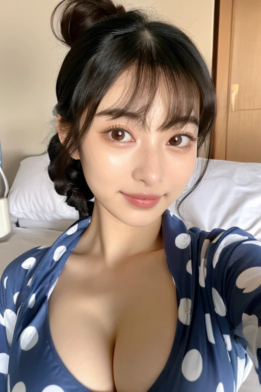 1 girl,  ((8K, born, masterpiece: 1.4)), (professional photography, sharp:1.2), ((portrait shot)), perfect dynamic composition, (natural sunlight), (soft shadow), (perfect body:1.4, slim abs:1.2), ((Japan hairstyles:1.4, huge breasts:1.6)), medium long hair, Super detailed face and skin, perfect asian, Perfect Japan,white skin, (fine skin:1.3),(latex skin:0.4), (perfect shiny skin:0.6), suzu hirose, black hair, light brown eyes, beautiful eyes, round eyes, cute face, blushing face, glossy lips, high nose bridge, glossy eyes, perfectly proportioned face, realistic moist skin, exquisite expression, smile slightly at the camera, looking at camera, exquisite expression, Hospitalized,on the hospital bed,wear(pajamas), ((Selfie Shots)), close, show cleavage, 