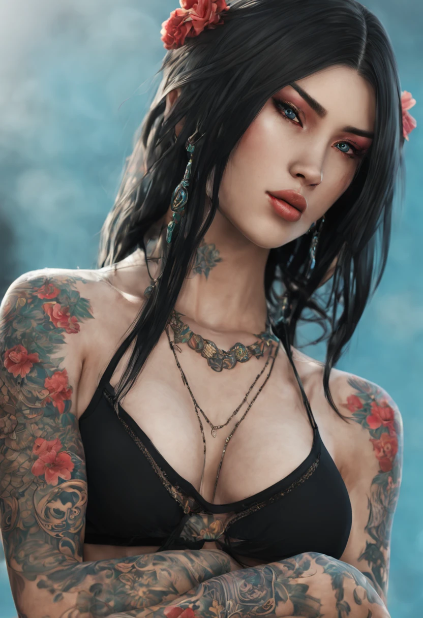 [[highly detailed face]], [[goddess face]], An Yakuza girl, showing all her tattoos, full body image, she is covered in tattoos, long black hair, high quality images, unreal engine, perfect skin texture, goddess face, big light blue eyes!!!