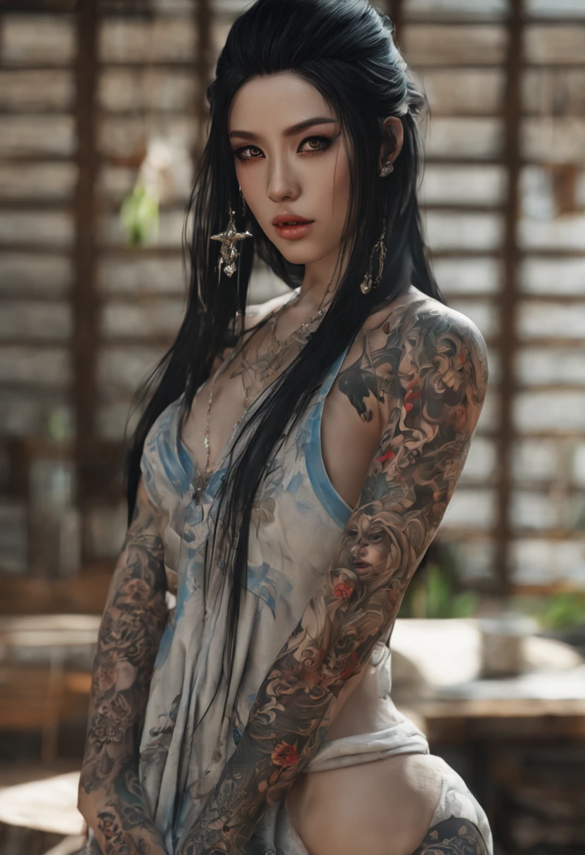 [[highly detailed face]], [[goddess face]], An Yakuza girl, showing all her tattoos, full body image, she is covered in tattoos, long black hair, high quality images, unreal engine, perfect skin texture, goddess face, big light blue eyes!!!