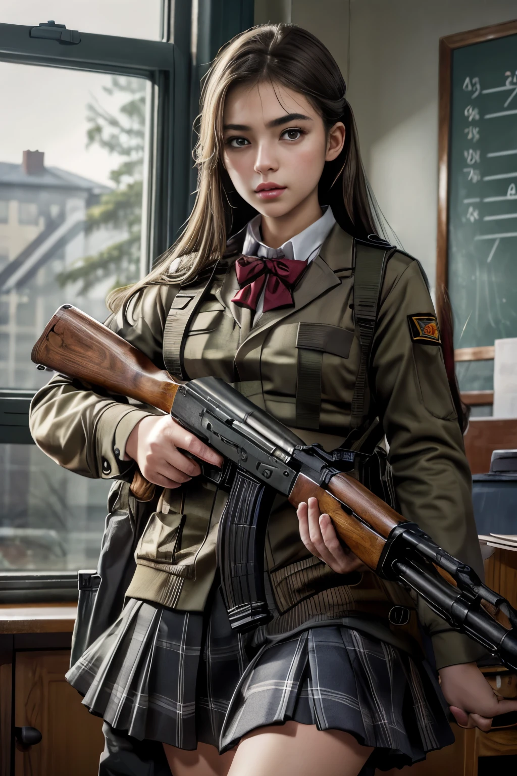 masterpiece, best quality, high resolution, extremely detailed CG,  1girl, school uniform, holding gun, ak-47, akm, assault rifle, kalashnikov rifle, (aiming:1.2), finger on trigger,