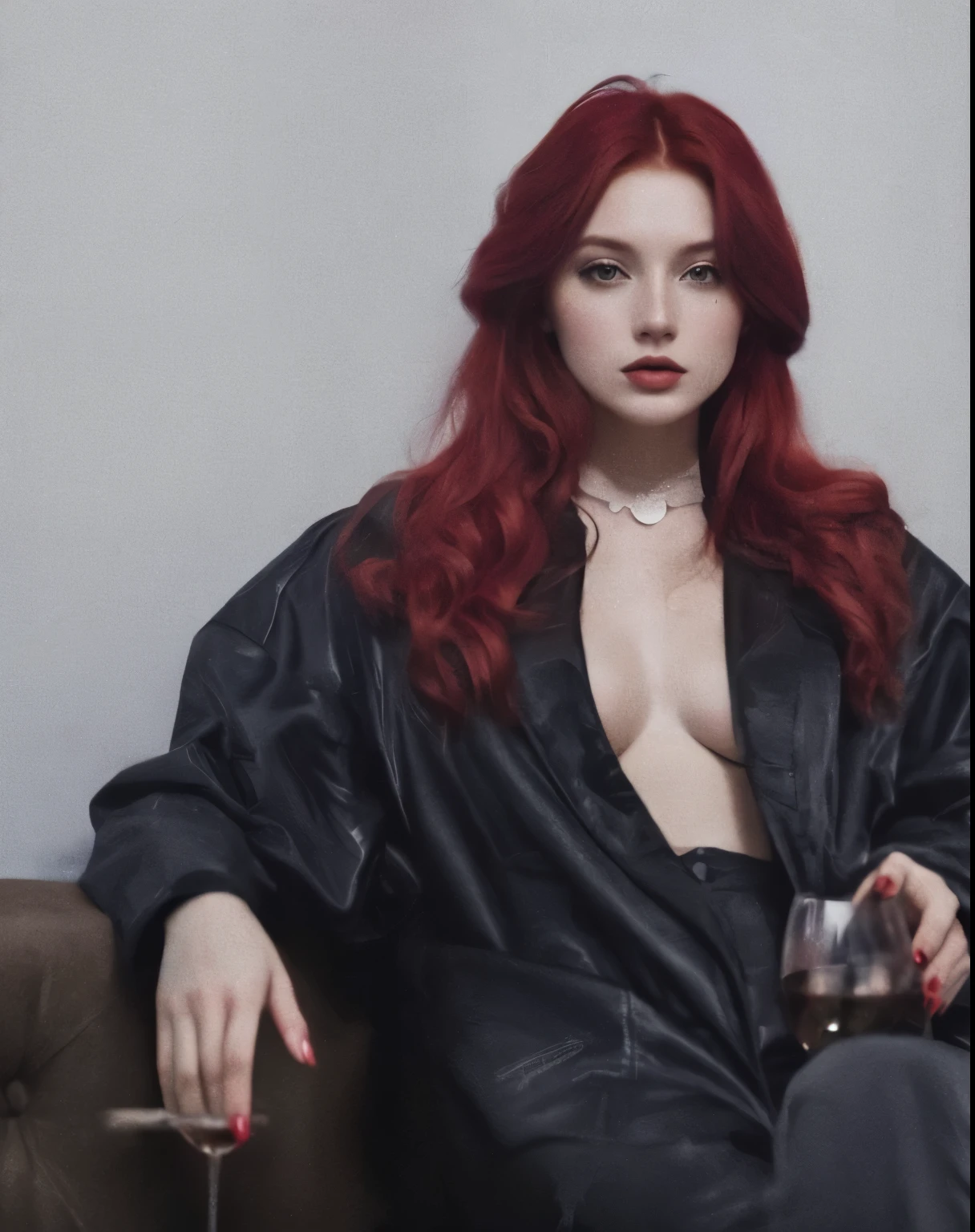 redhead haired woman sitting on a couch holding a glass of wine, anna nikonova aka newmilky, dasha taran, yelena belova, monia merlo, inspired by Elsa Bleda, anastasia ovchinnikova, aleksandra waliszewska, inspired by Hedi Xandt, olga buzova, sophie turner, she has red hair