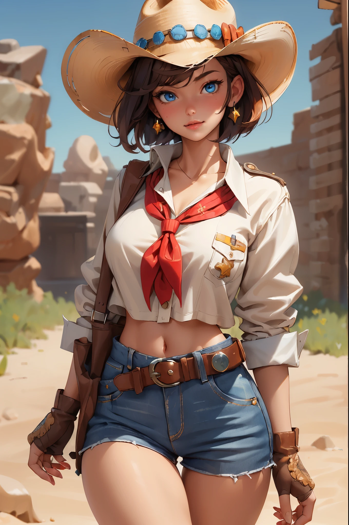 (((((solo))))),(((((masterpiece))))), (((((best quality))))),(((((highly detailed))))), finely detailed, Depth of field,detailed clothes, highres,
1girl, bangs, (beautiful detailed face:1.3), collarbone, collared shirt, ((white shirt)), button down to show cleavage, show belly, blue eyes, golden hair, cleavage, ((cowboy)), (cowboy hat:1.3), short gloves. fingerless gloves, hat, medium breasts, navel, neckerchief, red neckerchief, short hair, short shorts, shorts, healthy thighs, gun belt ,cowboy western, sunny desert background, thigh gap