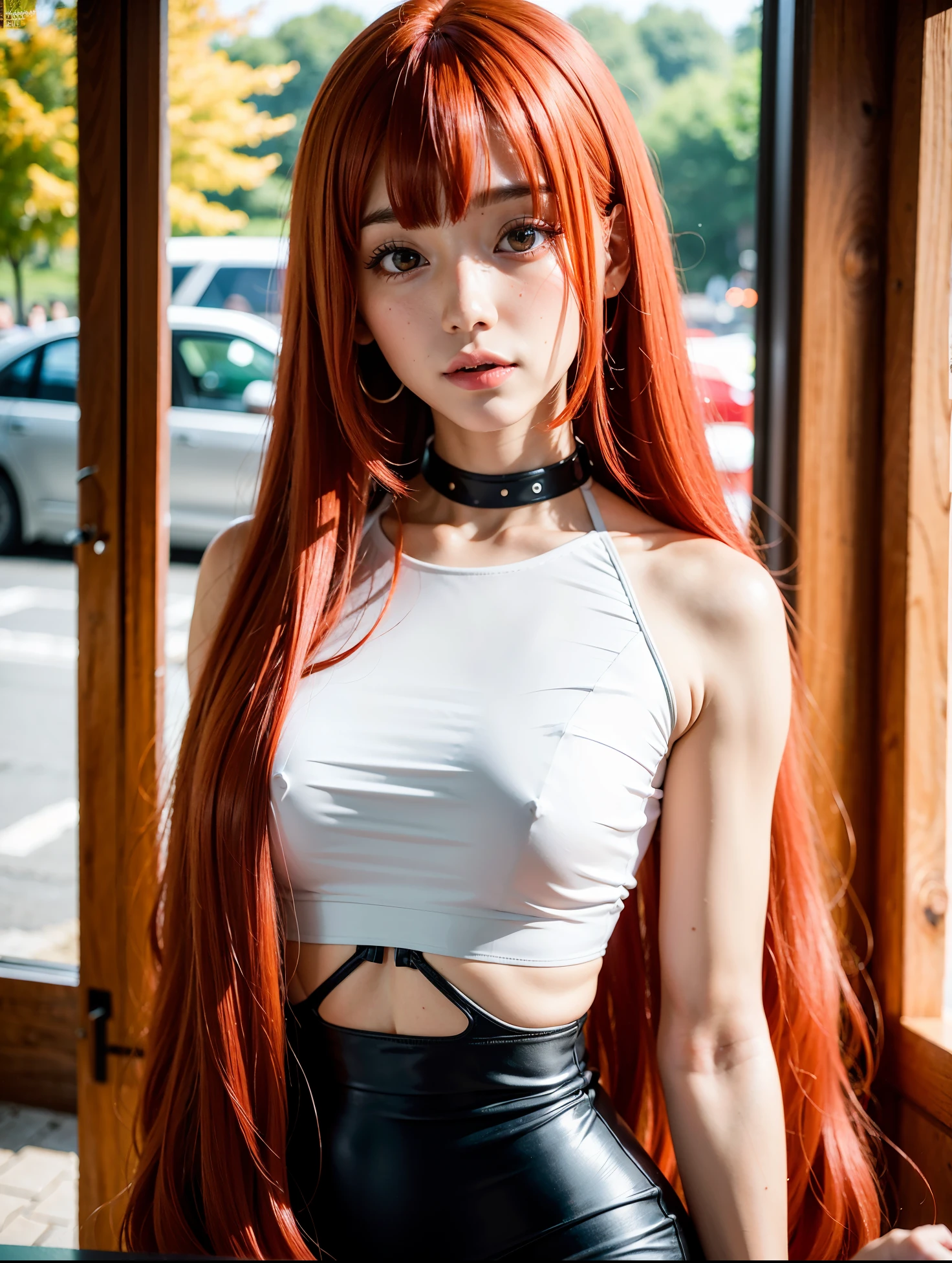 um close up de uma mulher long red hair usando um vestido preto, Urzan, light red, long red hair, long hair with bangs, 齐long hair with bangs, Long straight red hair, pink straight hair, red wig, Red hair,  Korean, Asian girl with long hair, Baiji haircut hairstyle, Waist-length red hair