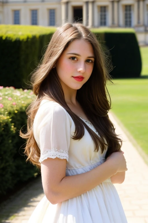 Woman with straight brown hair with very long hair down to her waist, light eyes, green eyes, around 22 years old, a mouth with thick lips painted with light pink lipstick and a small nose, asymmetrical oval face is wearing a dress from the 1700s She is alone in Versailles looking at the garden