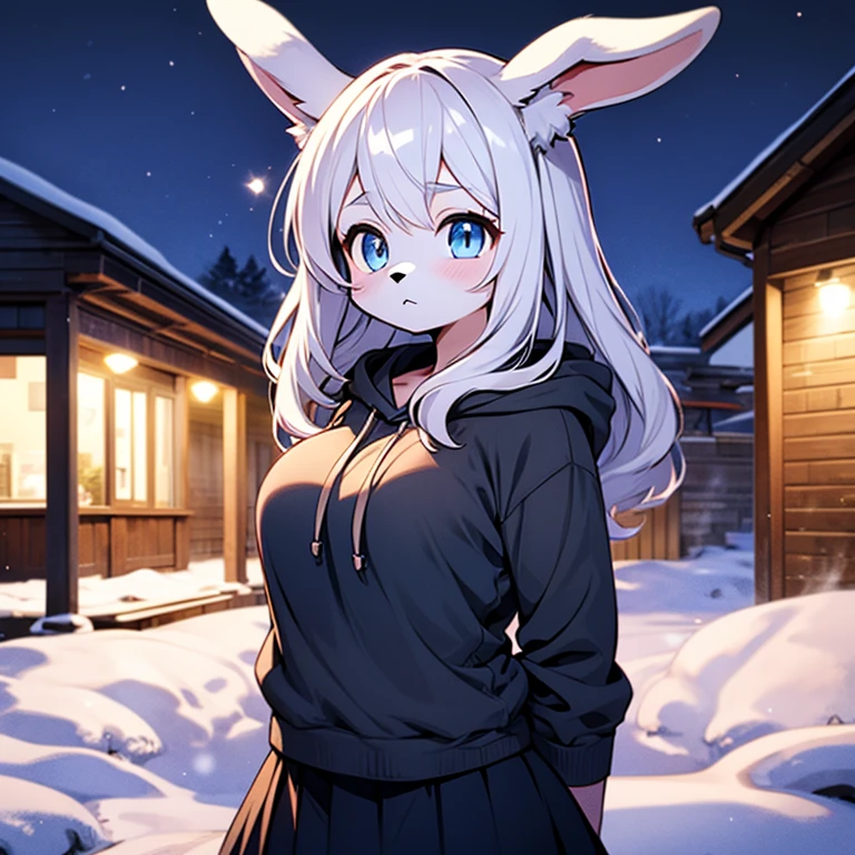 (masterpiece, highest quality), intricate details, 8K, lapin, whole body, 1 girl, blue eyes,cute, big breasts, slender body shape, night, white furry, long hair, anime, Standard height, gray hair,  snowfield, 10th generation, the wind is blowing to the right, Mofumofuno, Hair is fluttering, black hoodie and black skirt, Expressionless, 